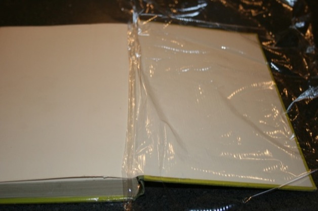 Flip to the back cover. Get a nice big piece of plastic wrap and line it up with the inside of the spine.